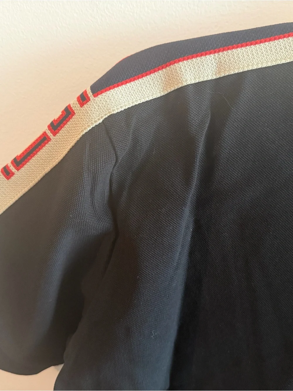 Men Gucci Black Polo with Cream Collar and Red-White Stripe Shoulders
